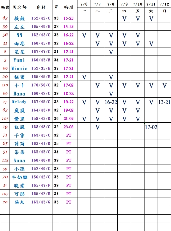 11館(樂鑽會館) 舒壓班表｜本周排班 2026/07/06~2026/7/12 第1張