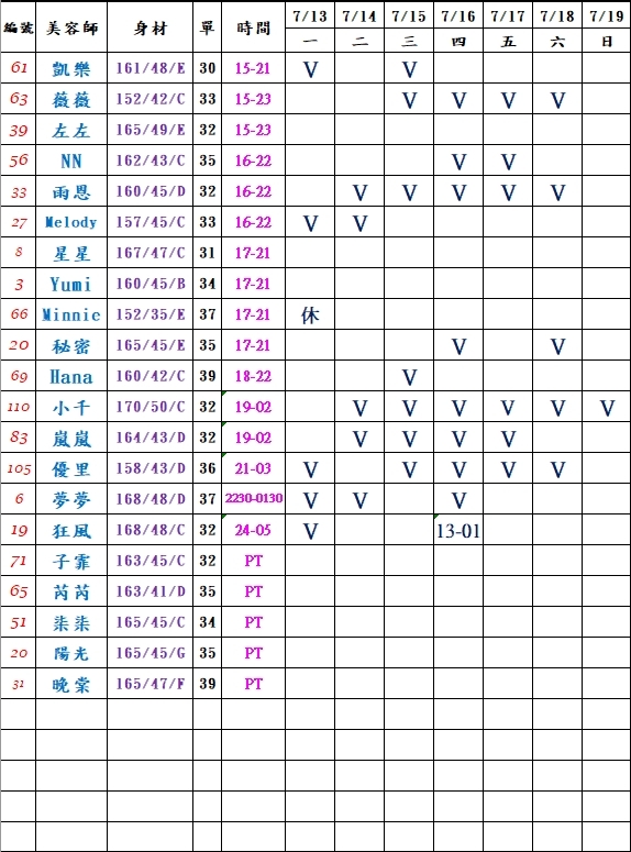 11館(樂鑽) 舒壓班表｜本周排班 2026/07/13~2026/7/19 第1張