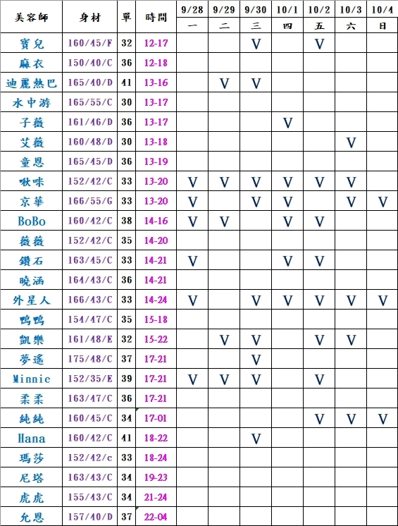 11館(伯爵) 舒壓班表｜本周排班 2026/09/28~2026/10/4 第1張
