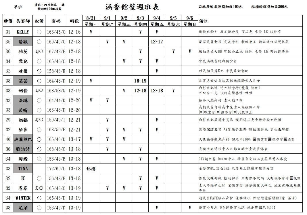 13館(含香) 舒壓班表｜本周排班 2026/08/31~2026/9/6 第1張