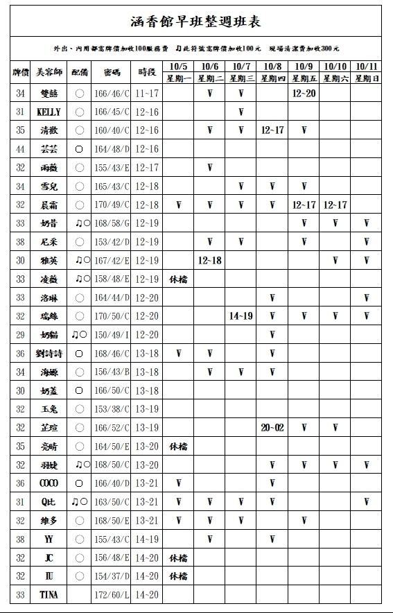 13館(含香) 舒壓班表｜本周排班 2026/10/05~2026/10/11 第1張