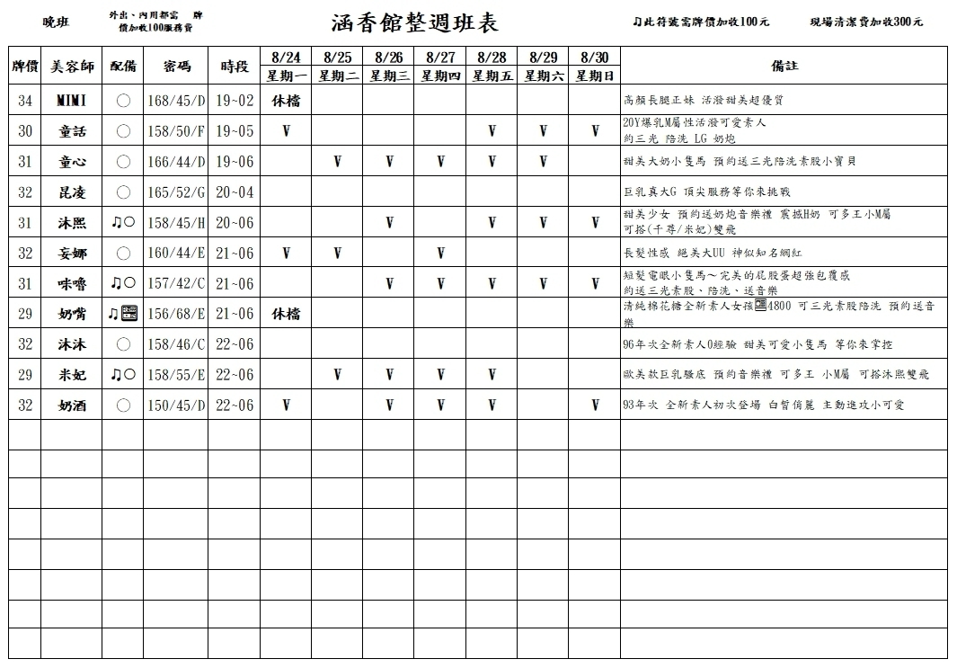 13館(含香) 舒壓班表｜本周排班 2026/08/24~2026/8/30 第4張