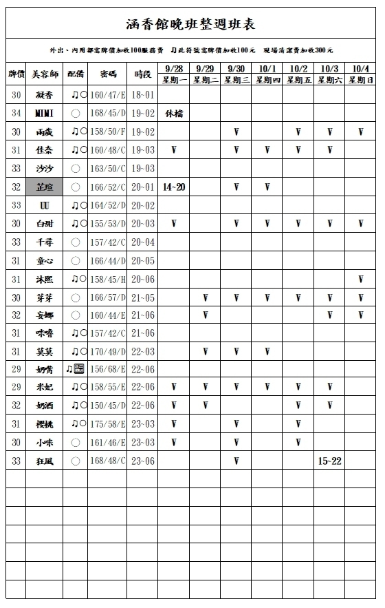 13館(含香) 舒壓班表｜本周排班 2026/09/28~2026/10/4 第3張