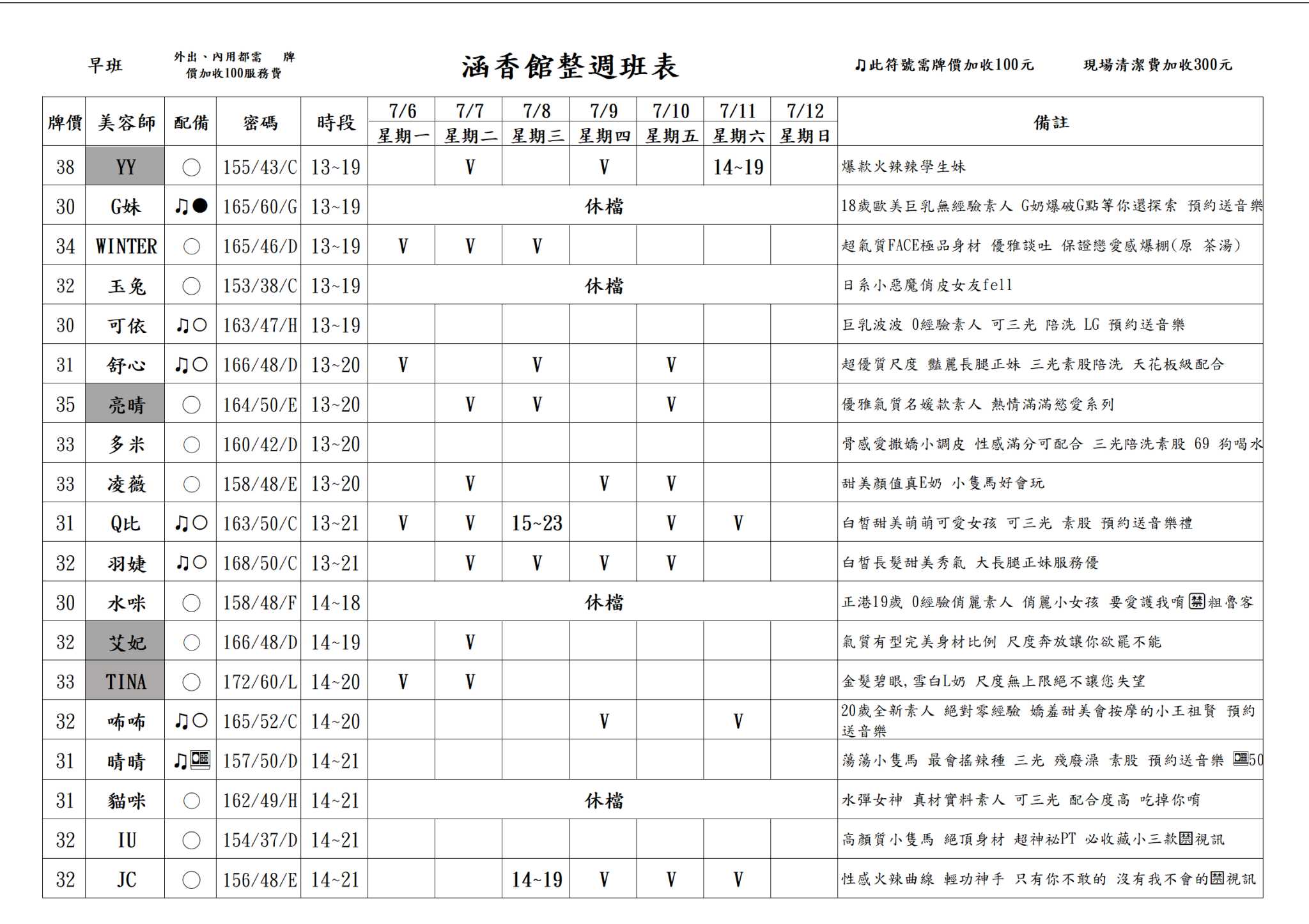 13館(含香) 舒壓班表｜本周排班 2026/07/06~2026/7/12 第1張