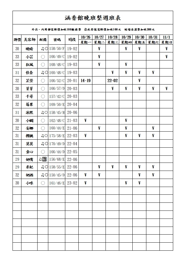 13館(含香) 舒壓班表｜本周排班 2026/10/26~2026/11/1 第3張