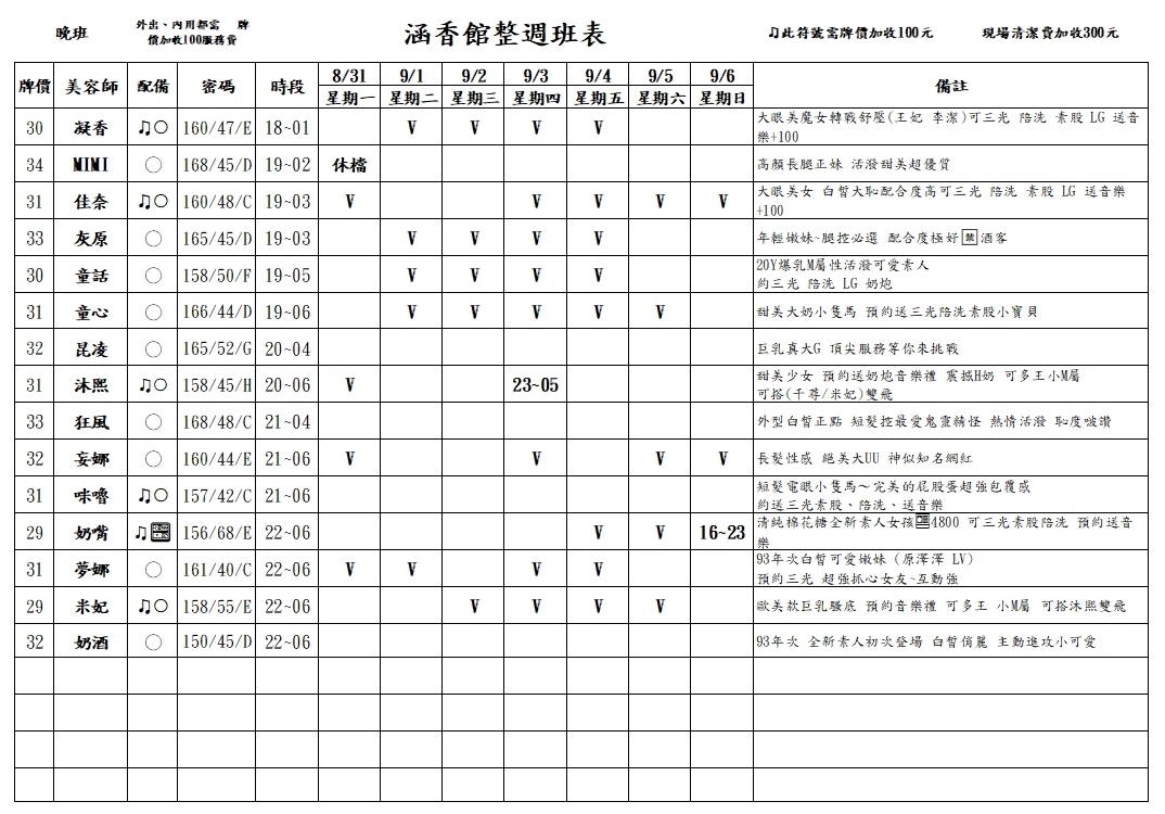 13館(含香) 舒壓班表｜本周排班 2026/08/31~2026/9/6 第4張