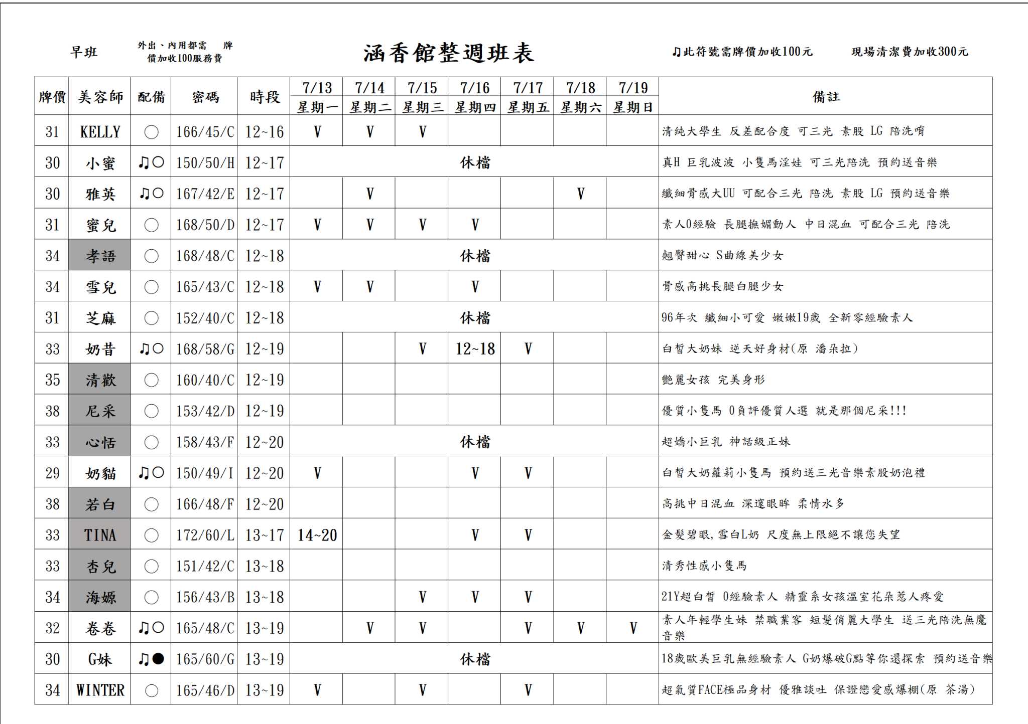 13館(含香) 舒壓班表｜本周排班 2026/07/13~2026/7/19 第1張