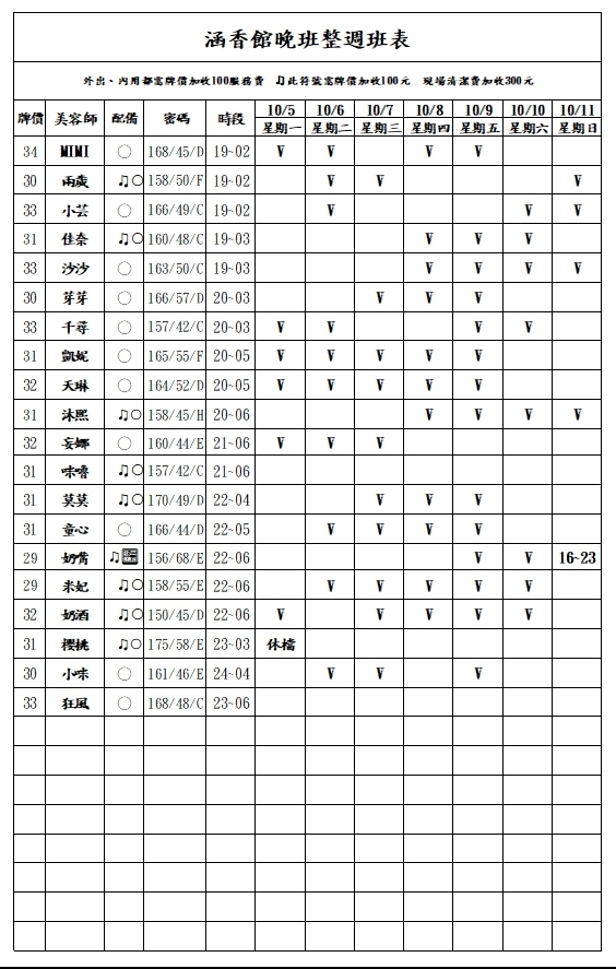 13館(含香) 舒壓班表｜本周排班 2026/10/05~2026/10/11 第3張
