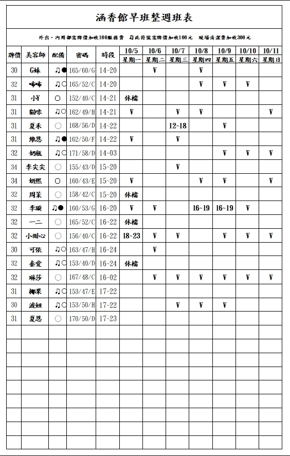 13館(含香) 舒壓班表｜本周排班 2026/10/05~2026/10/11 第2張