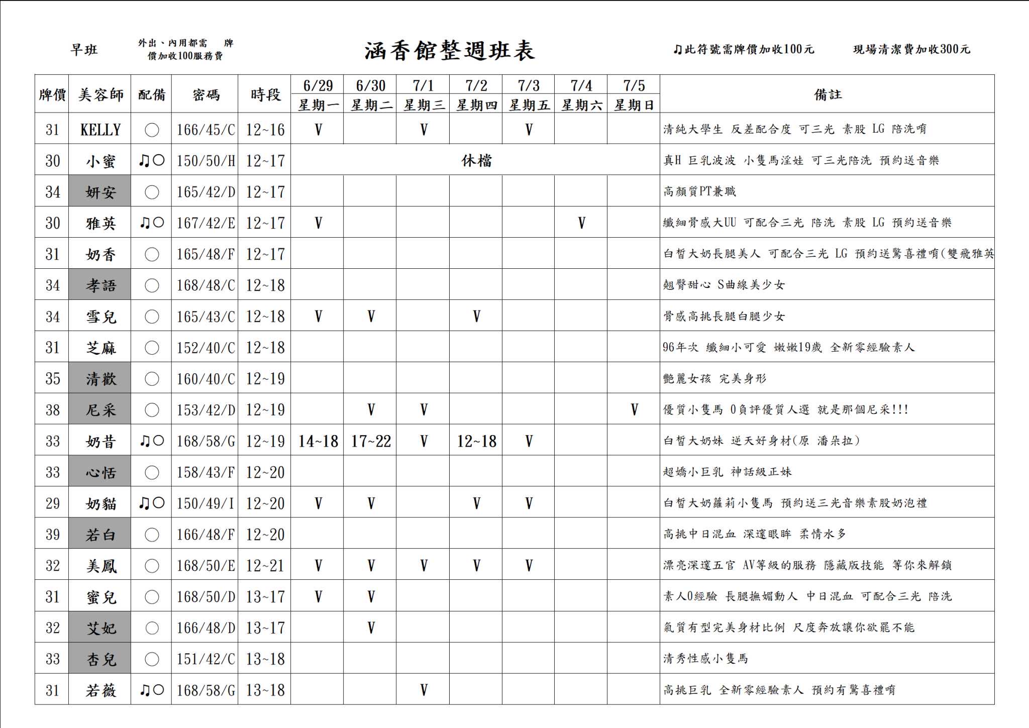 13館(含香) 舒壓班表｜本周排班 2026/06/29~2026/7/5 第6張