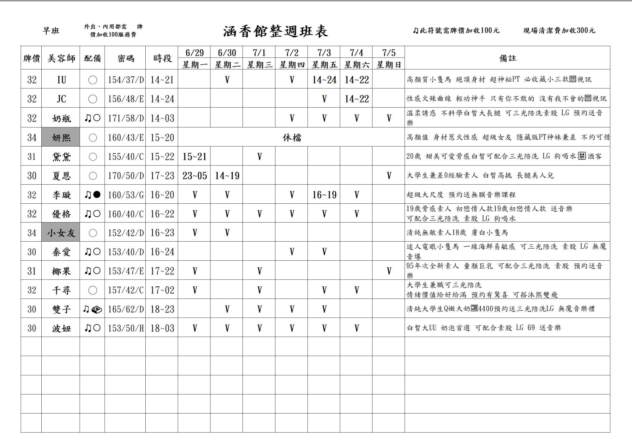 13館(含香) 舒壓班表｜本周排班 2026/06/29~2026/7/5 第4張