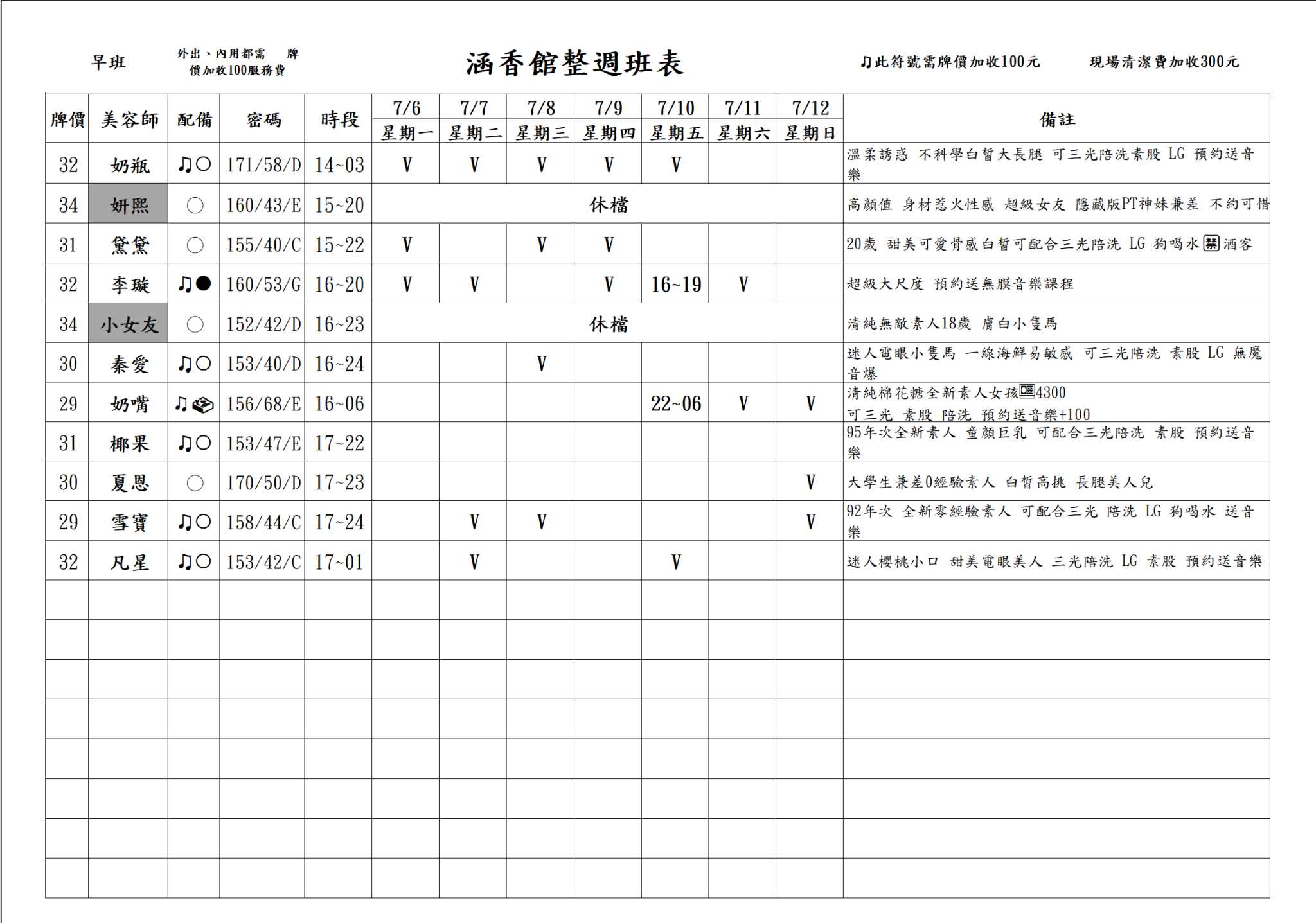 13館(含香) 舒壓班表｜本周排班 2026/07/06~2026/7/12 第6張