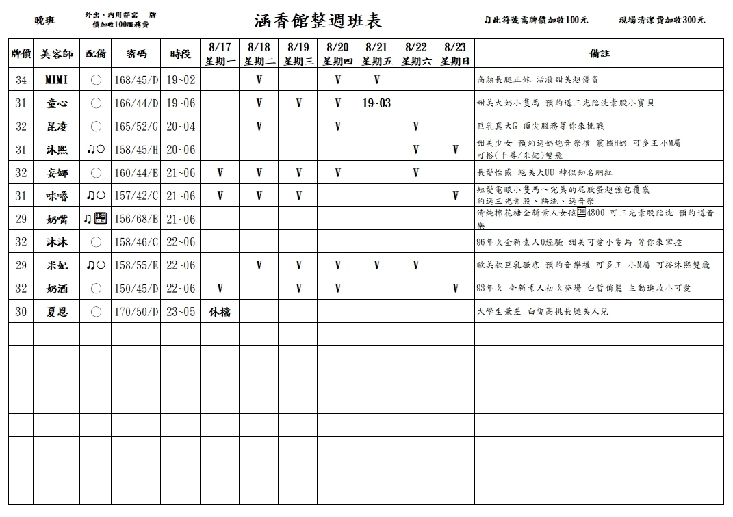 13館(含香) 舒壓班表｜本周排班 2026/08/17~2026/8/23 第4張