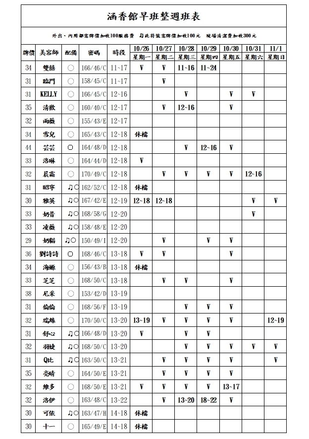 13館(含香) 舒壓班表｜本周排班 2026/10/26~2026/11/1 第1張
