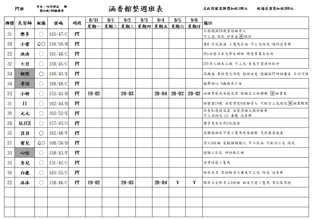 13館(含香) 舒壓班表｜本周排班 2026/08/31~2026/9/6 第6張