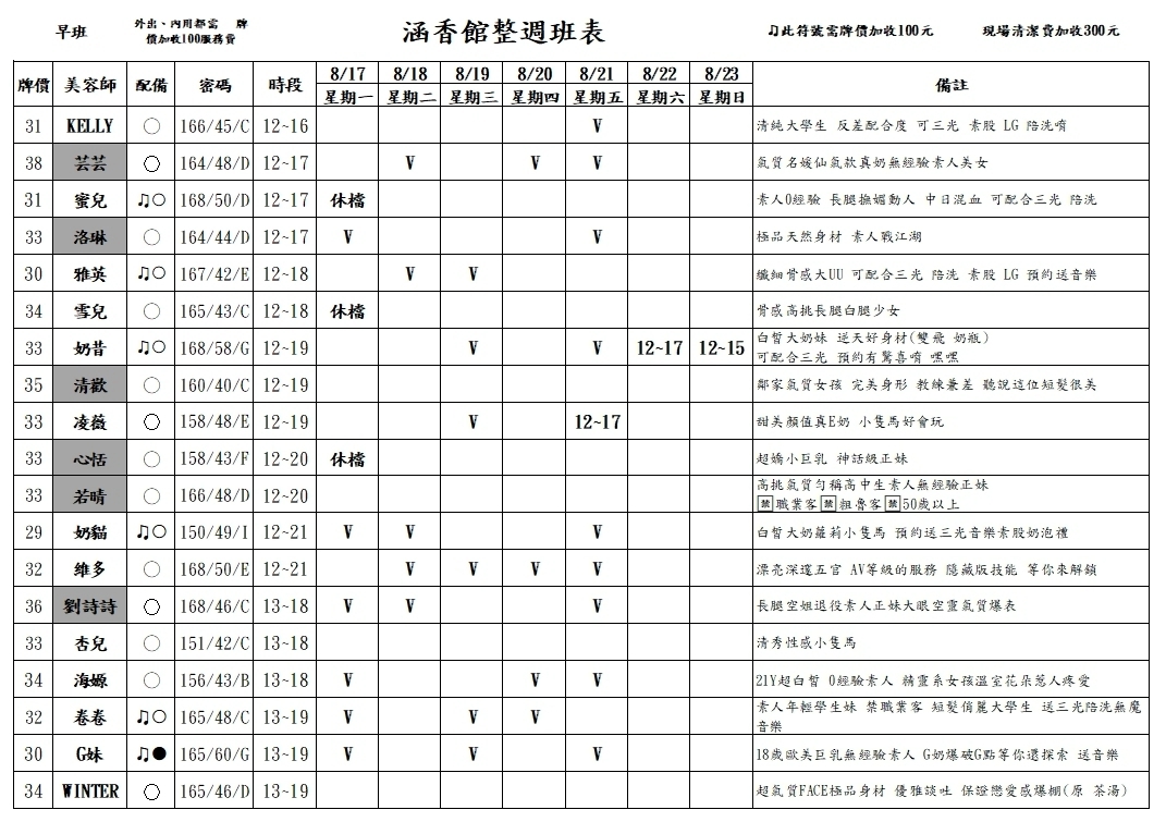 13館(含香) 舒壓班表｜本周排班 2026/08/17~2026/8/23 第1張