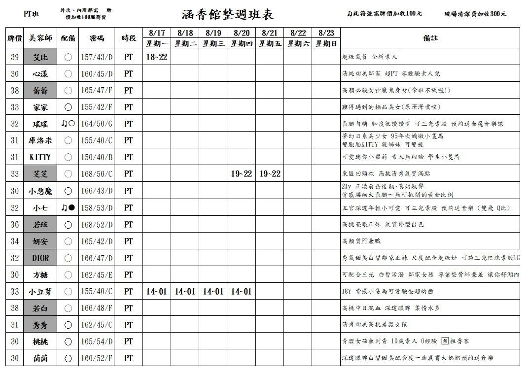 13館(含香) 舒壓班表｜本周排班 2026/08/17~2026/8/23 第5張