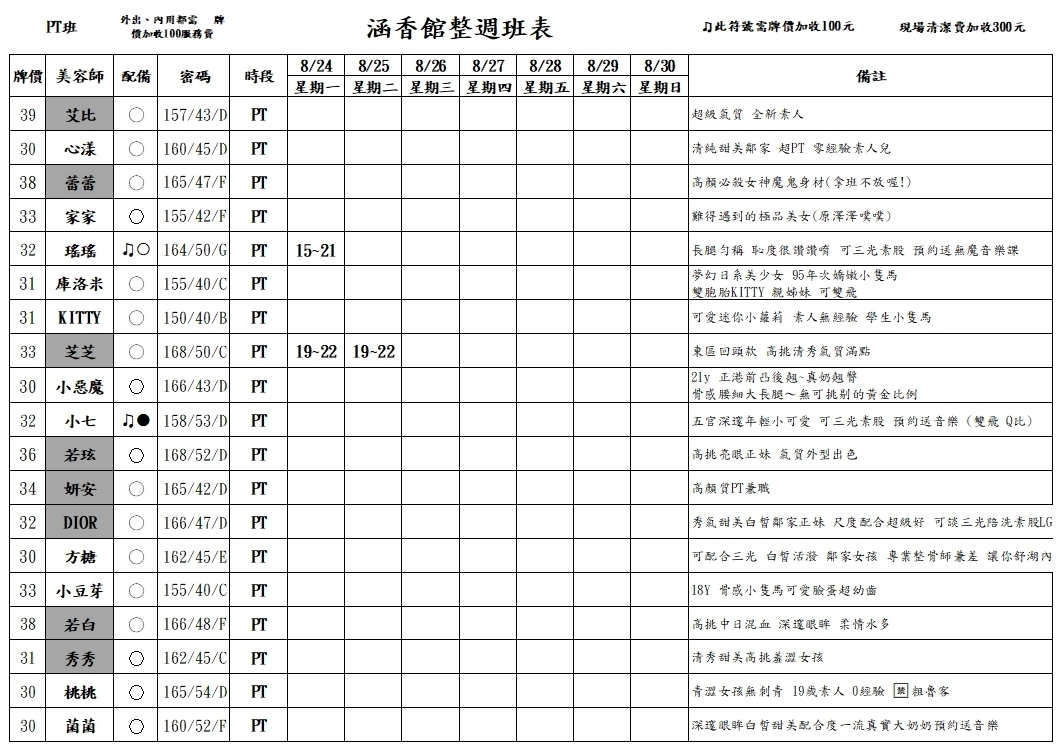 13館(含香) 舒壓班表｜本周排班 2026/08/24~2026/8/30 第5張
