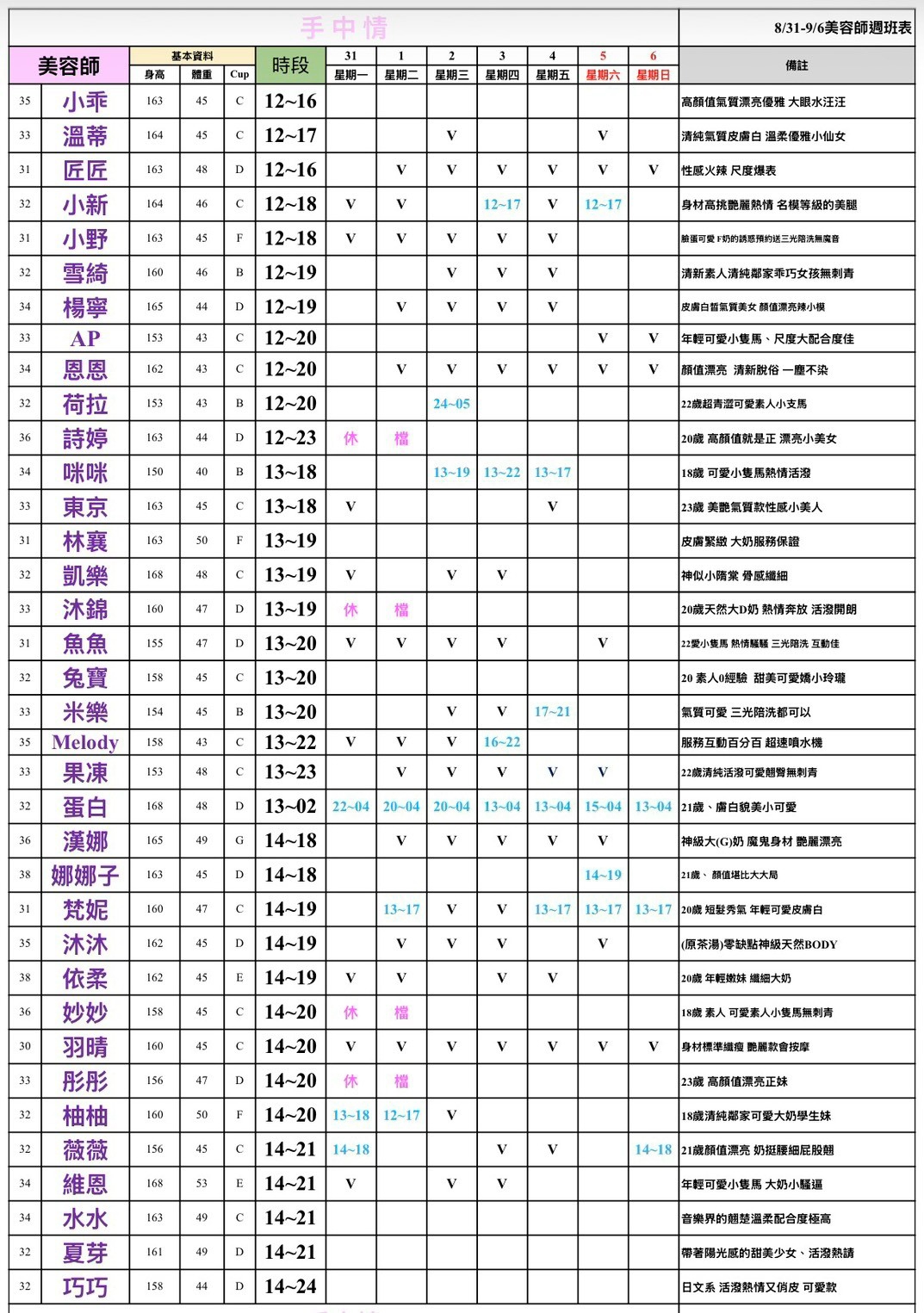 16館(手中情) 舒壓班表｜本周排班 2026/08/31~2026/9/6 第4張