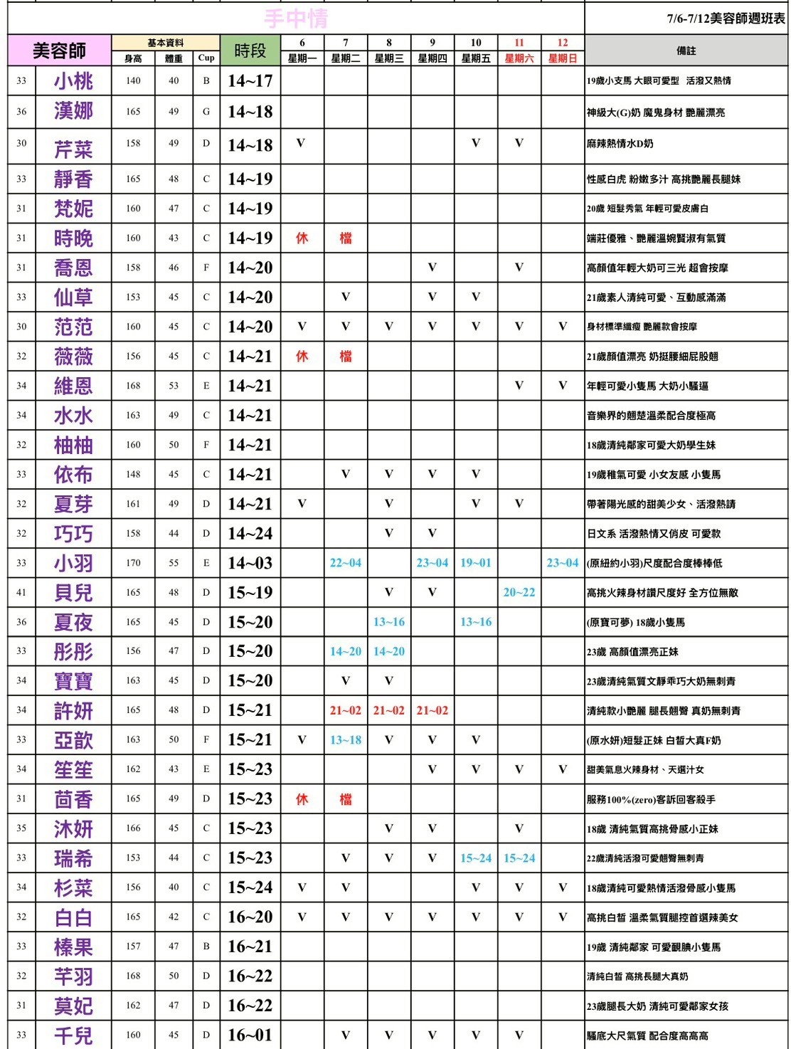 16館(手中情) 舒壓班表｜本周排班 2026/07/06~2026/7/12 第3張