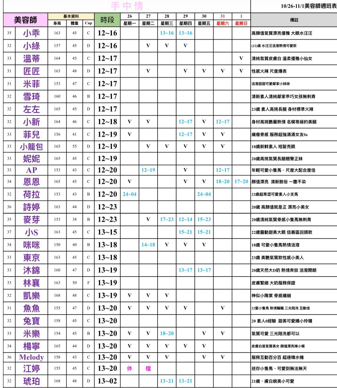 16館(手中情) 舒壓班表｜本周排班 2026/10/26~2026/11/1 第4張