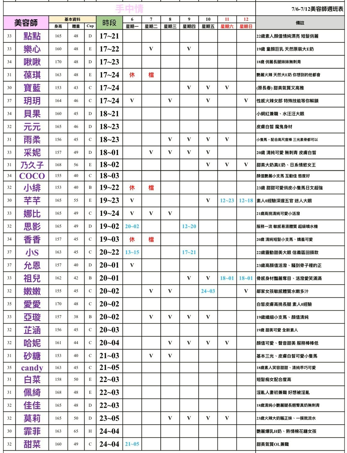 16館(手中情) 舒壓班表｜本周排班 2026/07/06~2026/7/12 第2張
