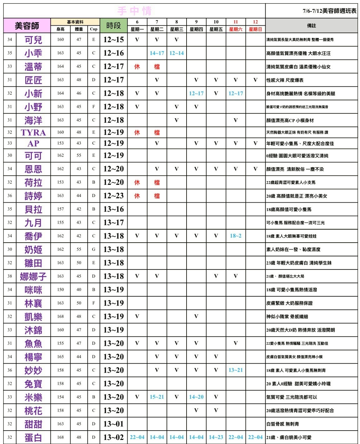 16館(手中情) 舒壓班表｜本周排班 2026/07/06~2026/7/12 第4張