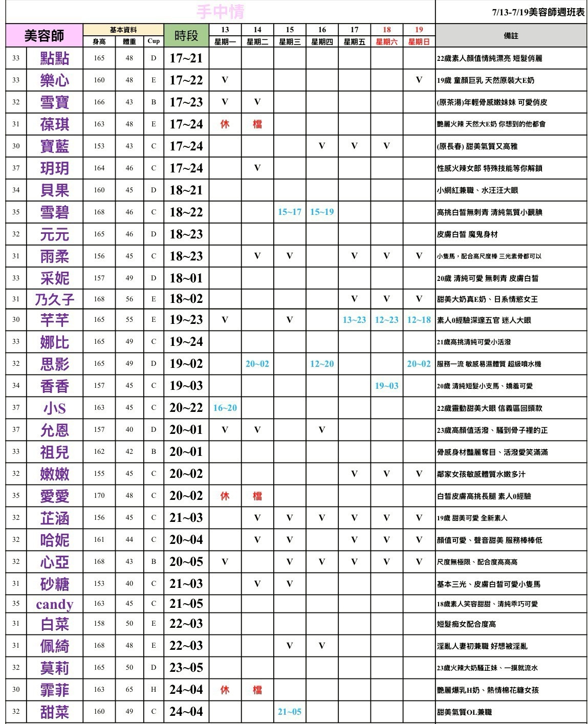 16館(手中情) 舒壓班表｜本周排班 2026/07/13~2026/7/19 第2張