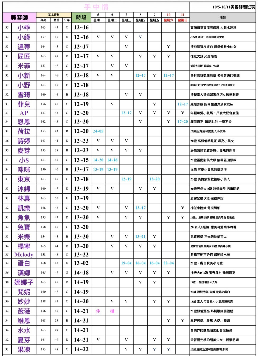 16館(手中情) 舒壓班表｜本周排班 2026/10/05~2026/10/11 第4張