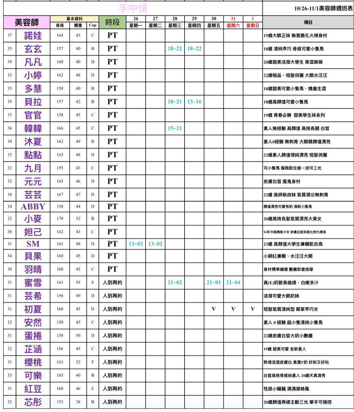 16館(手中情) 舒壓班表｜本周排班 2026/10/26~2026/11/1 第1張