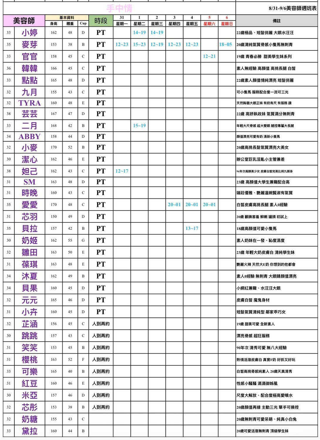 16館(手中情) 舒壓班表｜本周排班 2026/08/31~2026/9/6 第1張