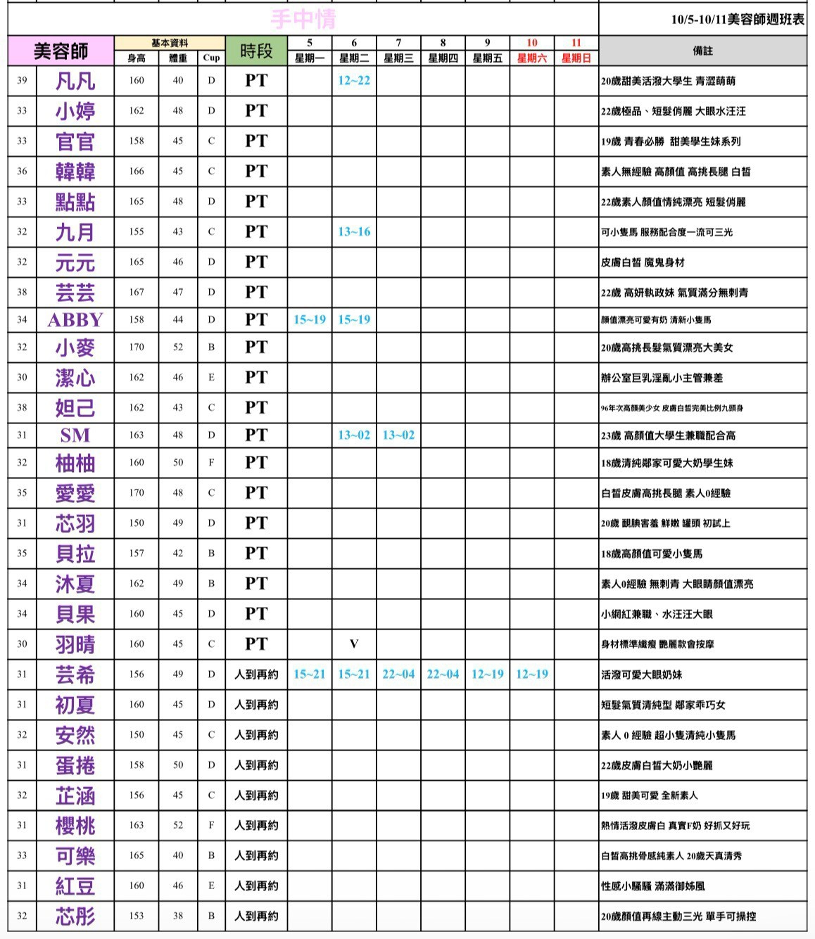 16館(手中情) 舒壓班表｜本周排班 2026/10/05~2026/10/11 第1張