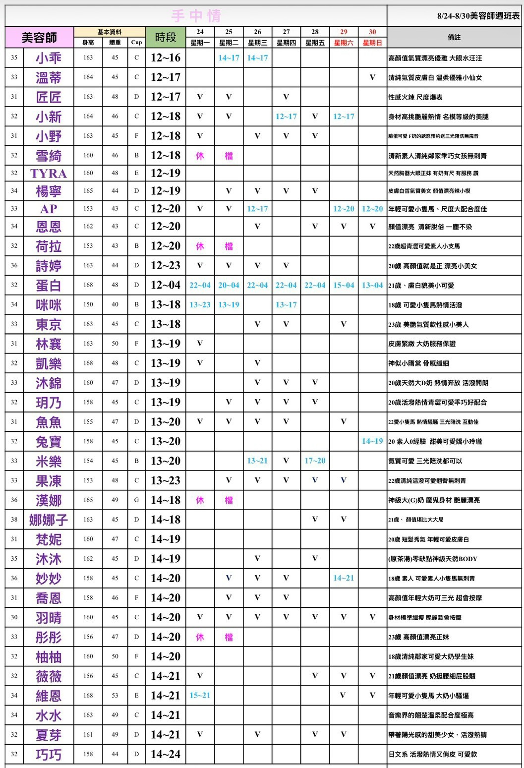 16館(手中情) 舒壓班表｜本周排班 2026/08/24~2026/8/30 第4張
