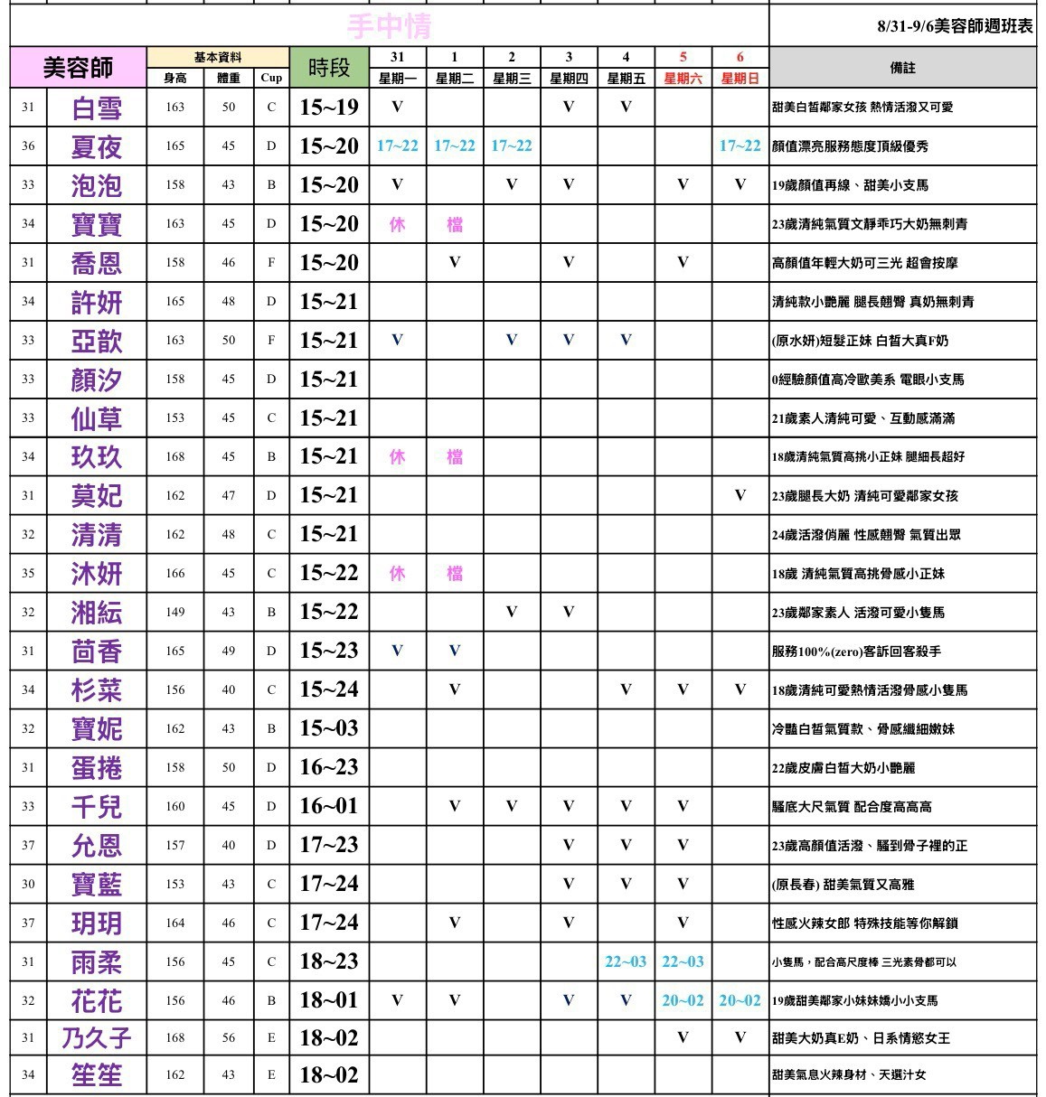 16館(手中情) 舒壓班表｜本周排班 2026/08/31~2026/9/6 第3張