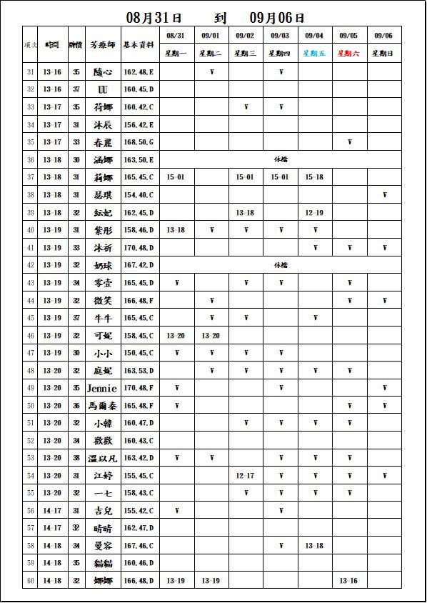 18館(夏威夷) 舒壓班表｜本周排班 2026/08/31~2026/9/6 第2張