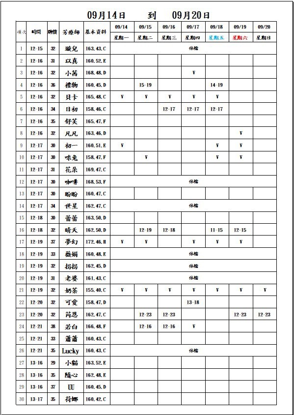 18館(夏威夷) 舒壓班表｜本周排班 2026/09/14~2026/9/20 第1張