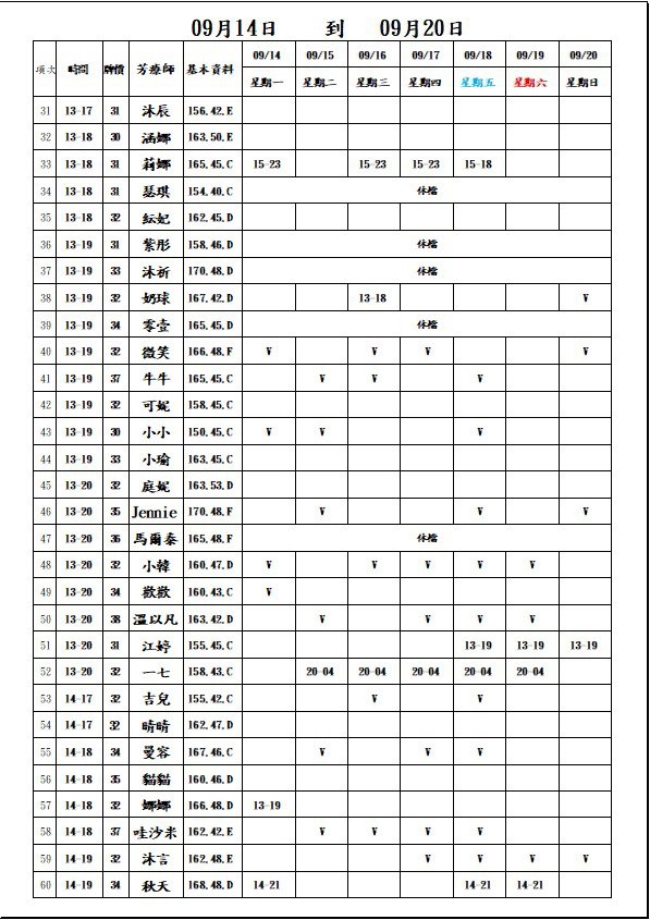 18館(夏威夷) 舒壓班表｜本周排班 2026/09/14~2026/9/20 第2張