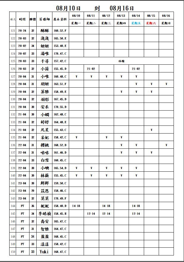 18館(長春會館) 舒壓班表｜本周排班 2026/08/03~2026/8/9 第5張