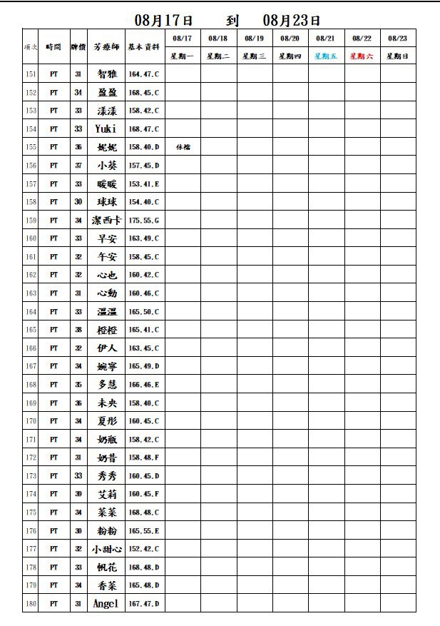 18館(夏威夷) 舒壓班表｜本周排班 2026/08/17~2026/8/23 第6張