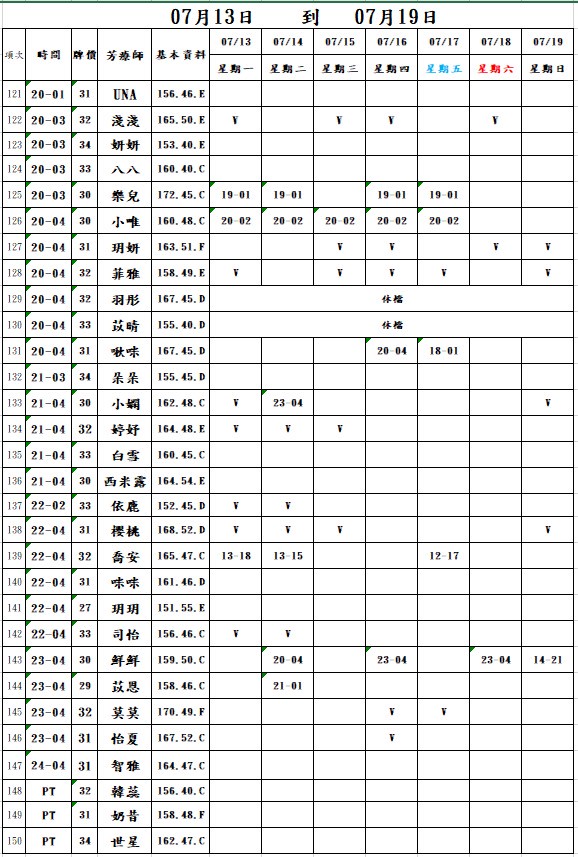 18館(夏威夷) 舒壓班表｜本周排班 2026/07/13~2026/7/19 第5張