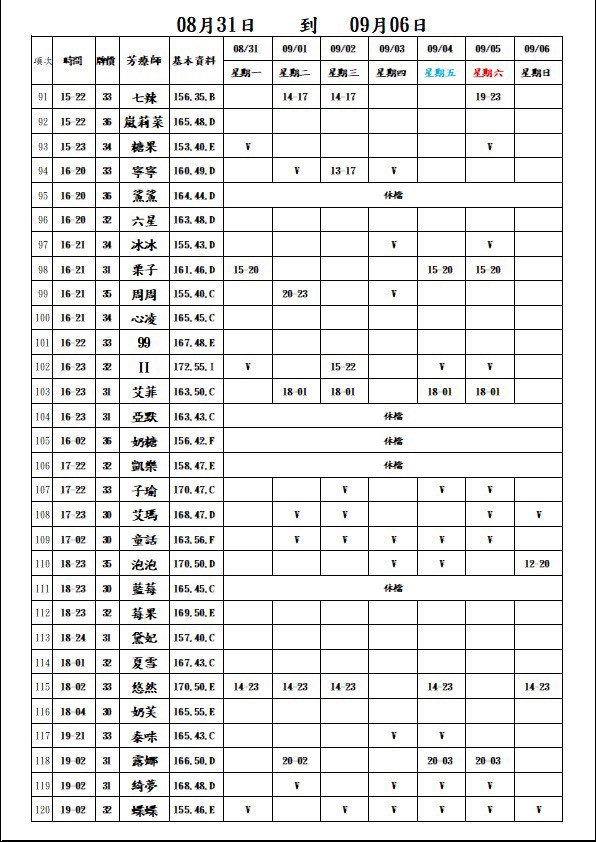 18館(夏威夷) 舒壓班表｜本周排班 2026/08/31~2026/9/6 第4張
