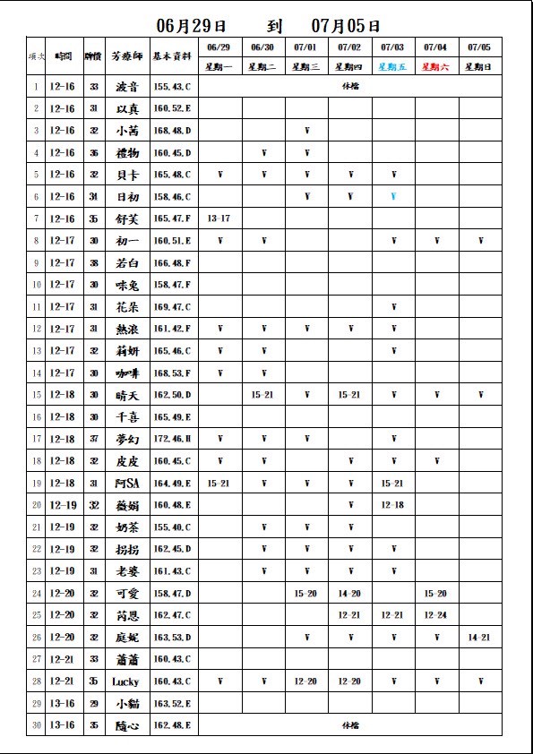 18館(夏威夷) 舒壓班表｜本周排班 2026/06/29~2026/7/5 第1張