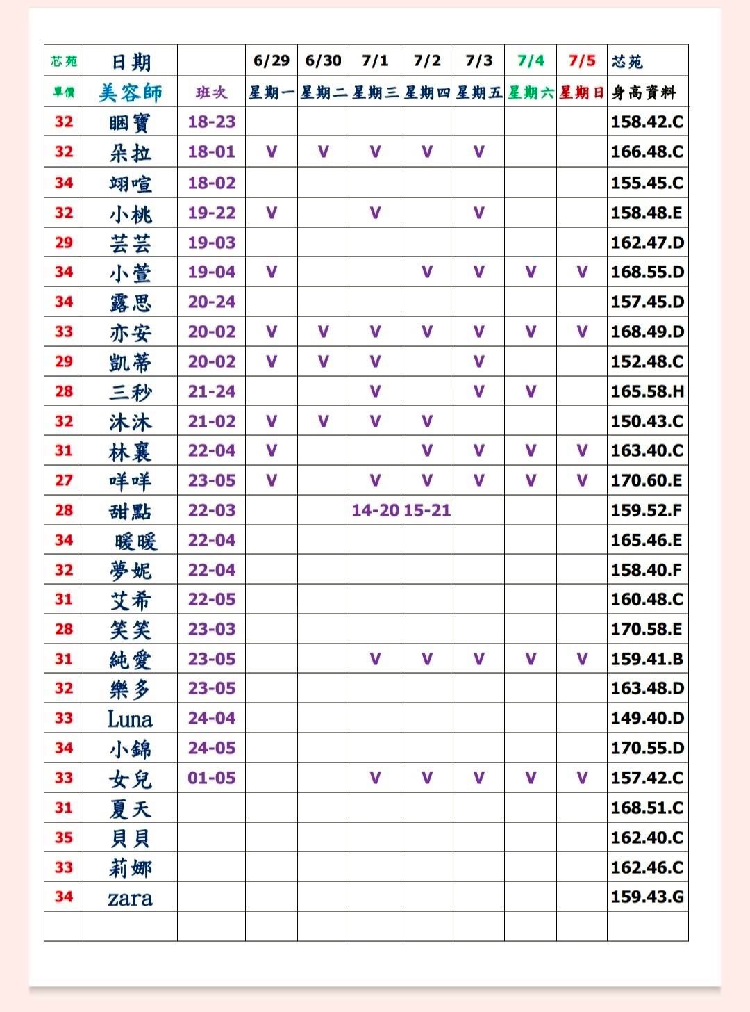 20館(芯苑) 舒壓班表｜本周排班 2026/06/29~2026/7/5 第3張