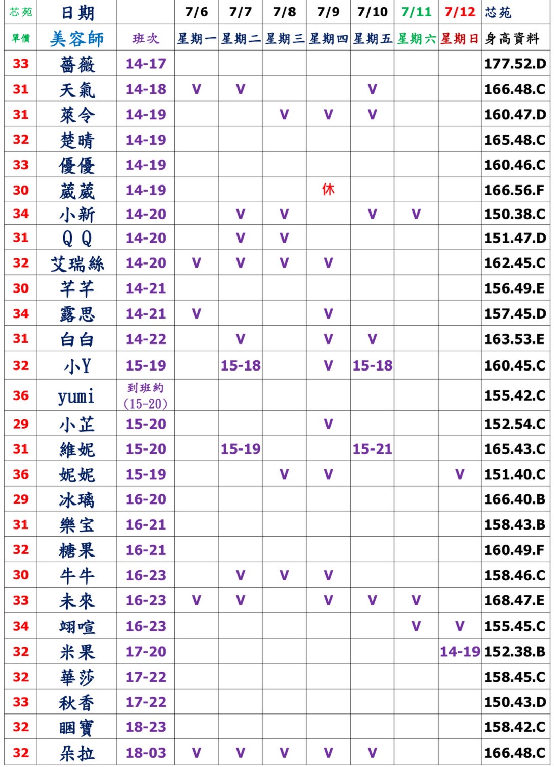 20館(芯苑) 舒壓班表｜本周排班 2026/07/06~2026/7/12 第2張