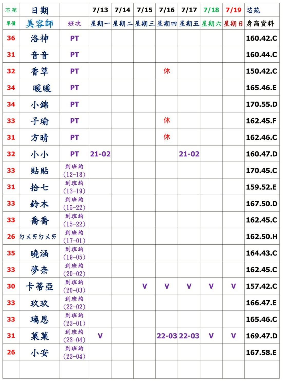 20館(芯苑) 舒壓班表｜本周排班 2026/07/13~2026/7/19 第4張
