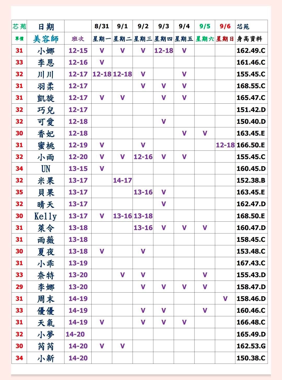 20館(芯苑) 舒壓班表｜本周排班 2026/08/31~2026/9/6 第1張