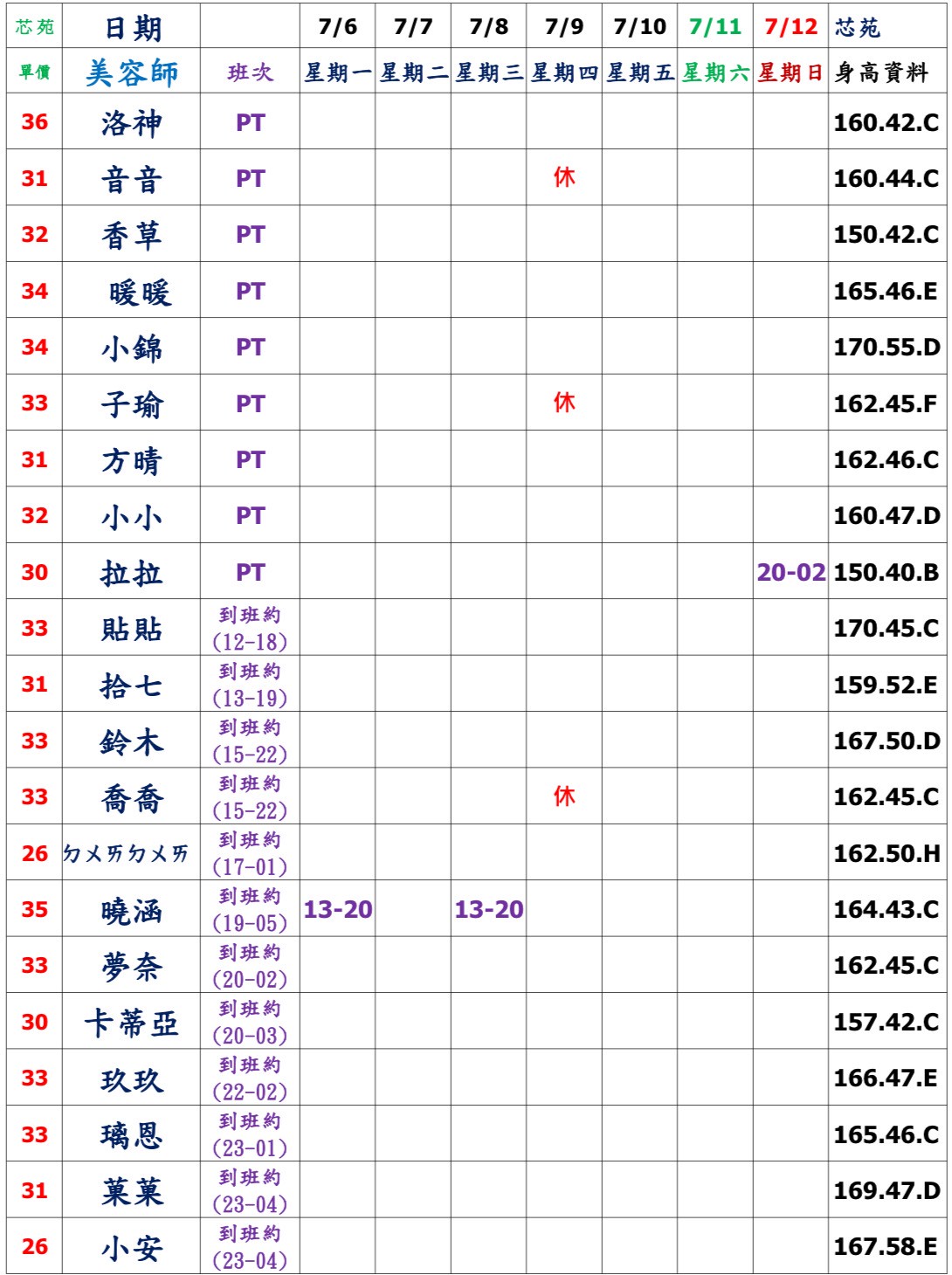 20館(芯苑) 舒壓班表｜本周排班 2026/07/06~2026/7/12 第4張