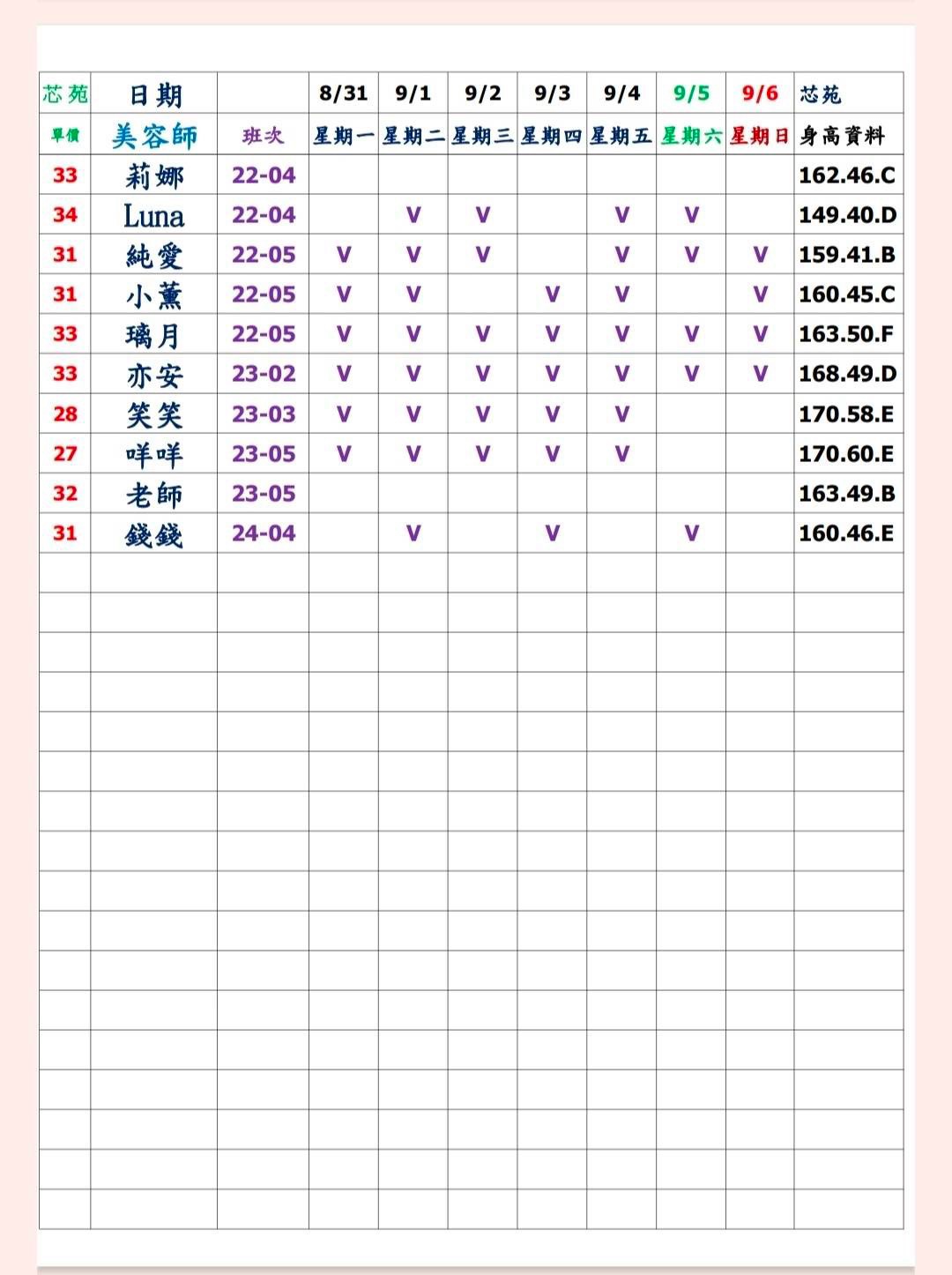 20館(芯苑) 舒壓班表｜本周排班 2026/08/31~2026/9/6 第3張