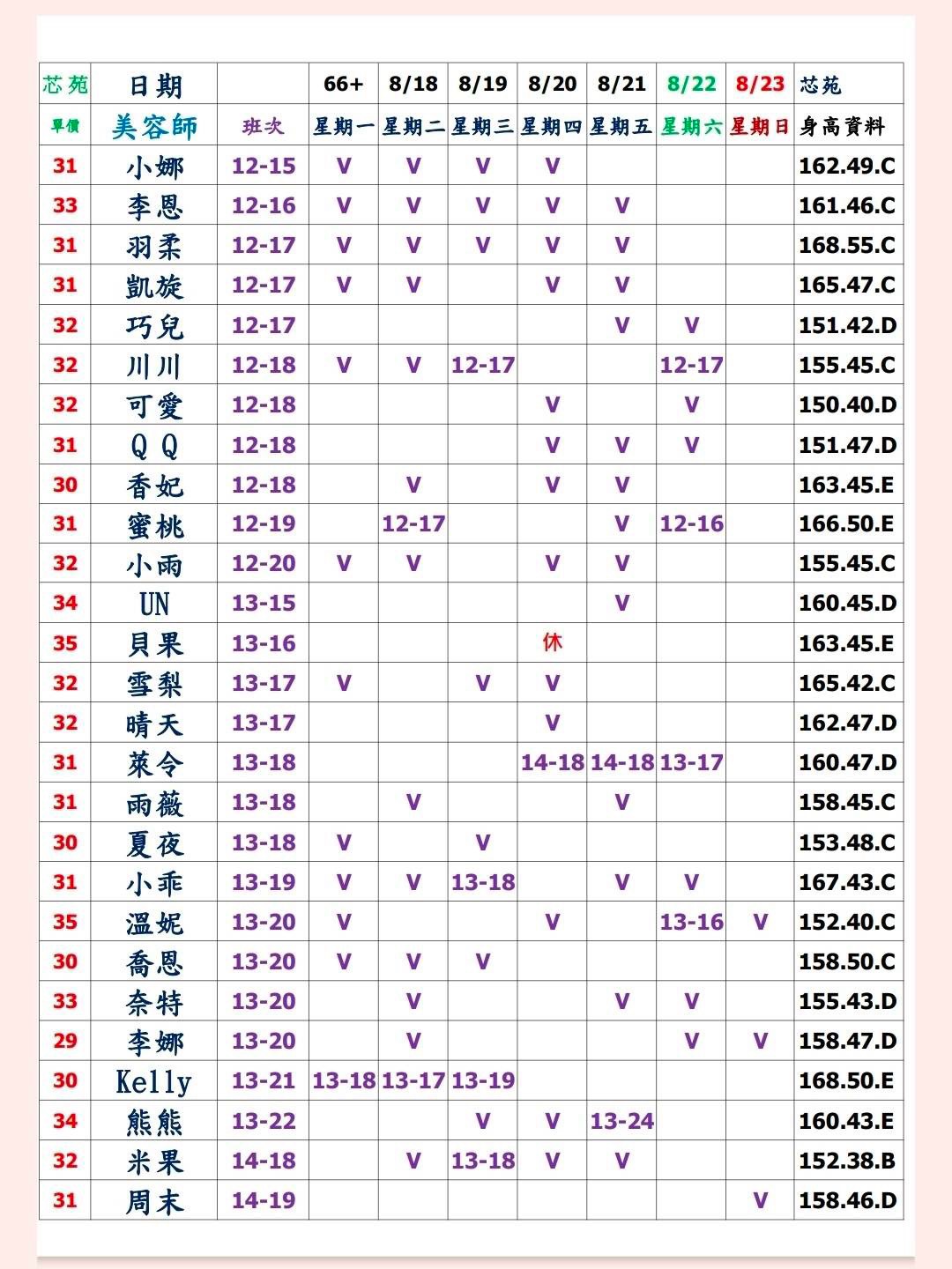 20館(芯苑) 舒壓班表｜本周排班 2026/08/17~2026/8/23 第1張