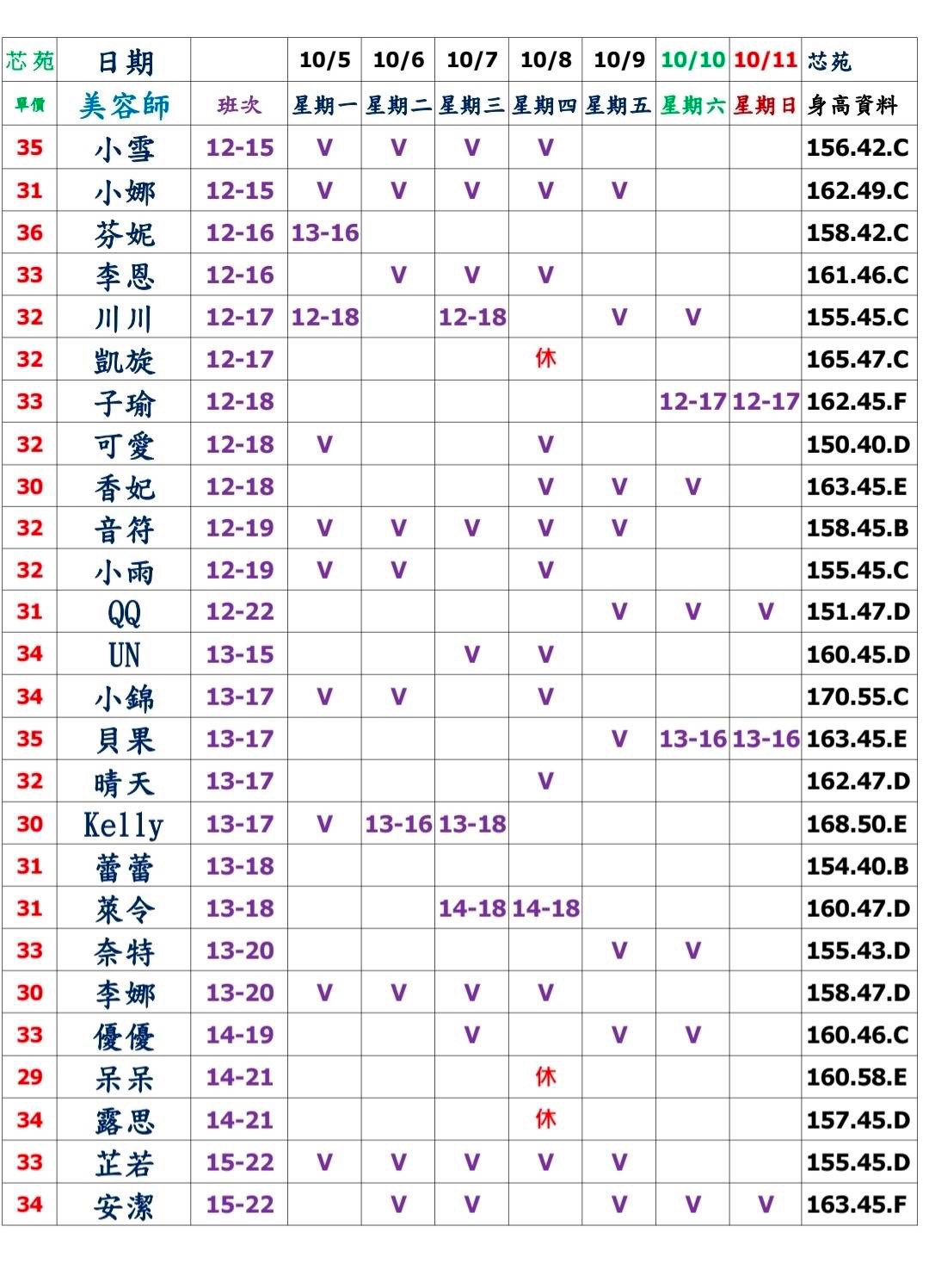 20館(芯苑) 舒壓班表｜本周排班 2026/10/05~2026/10/11 第1張